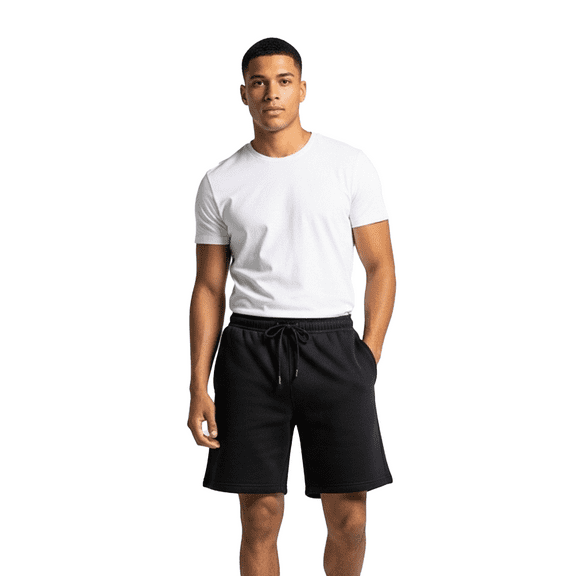 Men's Midweight Fleece Shorts, 8.5 oz, Cotton/Poly Blend, Relaxed Fit with Drawstring Waist, Black, L