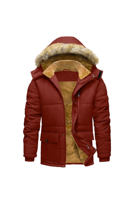 Men's Midweight Puffer Jackets Hooded Quilted Fleece Sherpa Lined Down Coat Loose Casual Full Zip Up Outerwear with Pocket