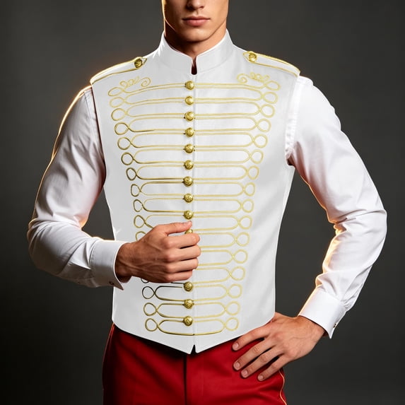 Men's Military Drummer Boy Vest Marching Band Jacket Sleeveless Hussar Waistcoat Nutcracker Ringmaster Cosplay Costume for Halloween Party Performance