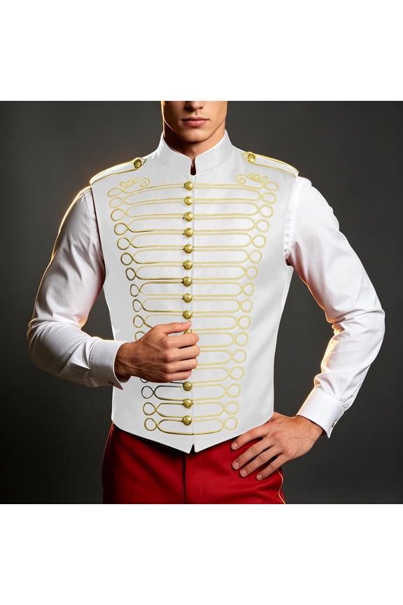 Men's Military Drummer Boy Vest Marching Band Jacket Sleeveless Hussar Waistcoat Nutcracker Ringmaster Cosplay Costume for Halloween Party Performance