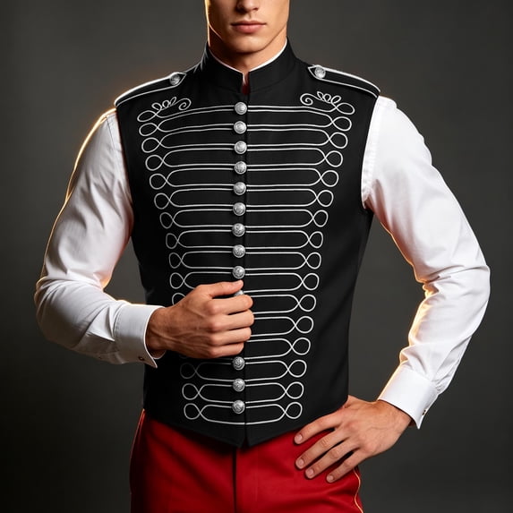Men's Military Drummer Boy Vest Marching Band Jacket Sleeveless Hussar Waistcoat Nutcracker Ringmaster Cosplay Costume for Halloween Party Performance