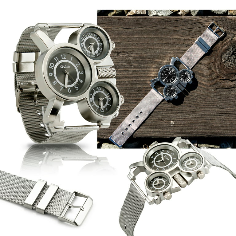 Men\'s Military Quartz Wrist Watch Stainless-steel Metal Mesh Strap Durable  Sub Dials Multi Time Zone Oversize - Black