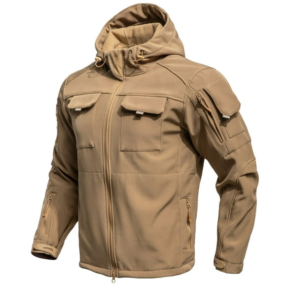 Men's Military Tactical Jackets Camouflage Softshell Fleece Fall Windbreaker Waterproof Outdoor Hooded Rain Coats for Rainy Days, Wet Weather and Outdoor Travel, Khaki, L