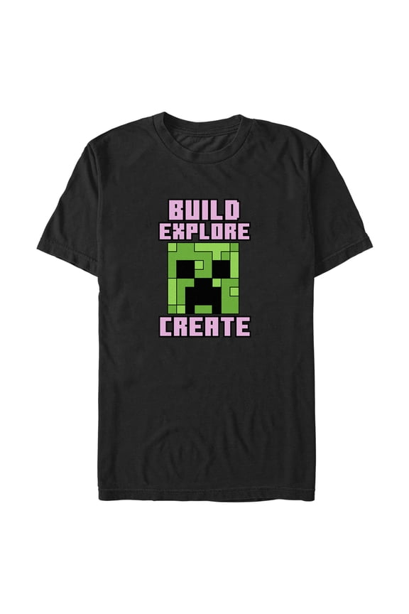 Men's Minecraft Creeper Face Build Explore Create Graphic Tee Black 2X Large