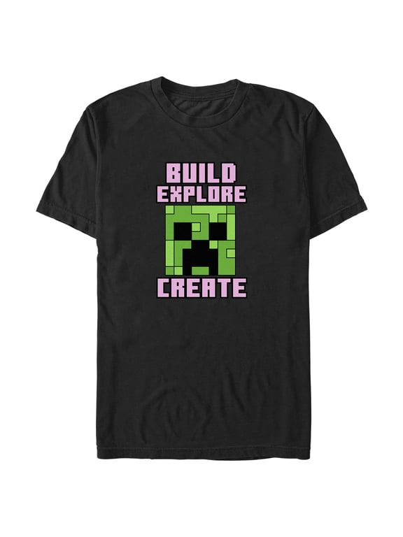 Men's Minecraft Creeper Face Build Explore Create Graphic Tee Black 3X Large