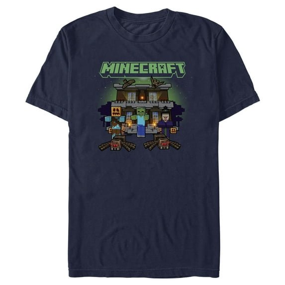 Men's Minecraft Halloween Creeper Haunted House Graphic Tee Navy Blue Small