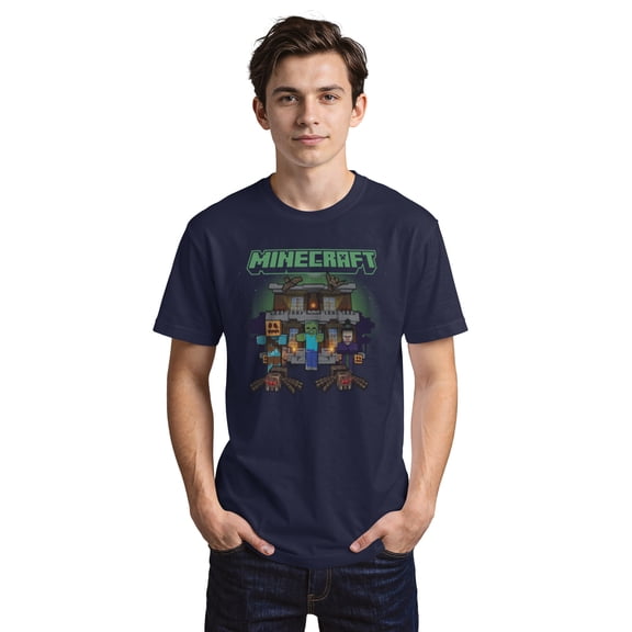 Men's Minecraft Halloween Creeper Haunted House Graphic Tee Navy Blue Small