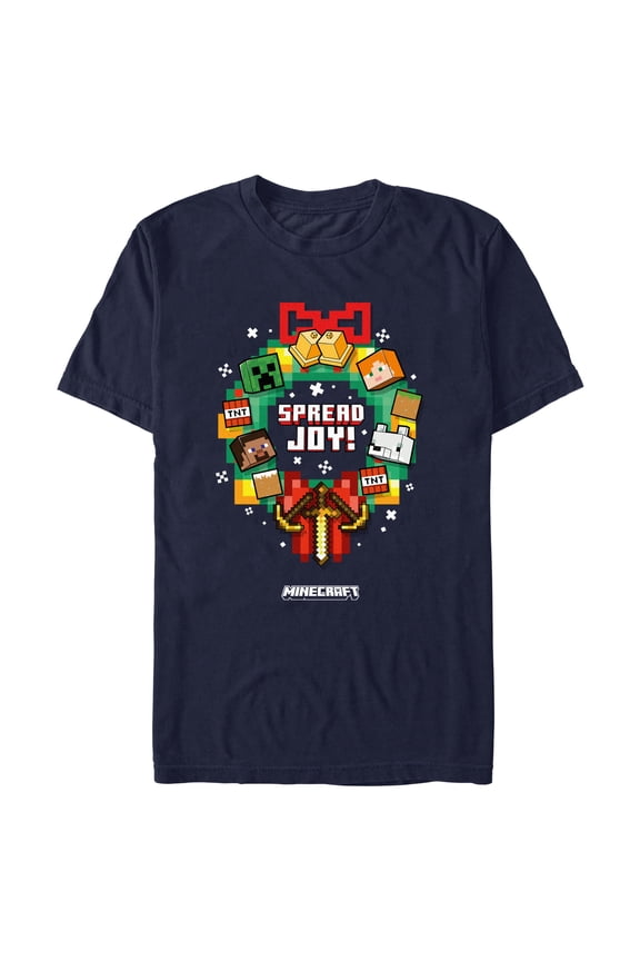 Men's Minecraft Spread Joy Wreath Graphic Tee Navy Blue 2X Large