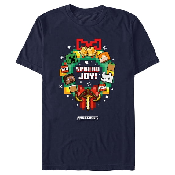 Men's Minecraft Spread Joy Wreath Graphic Tee Navy Blue Large