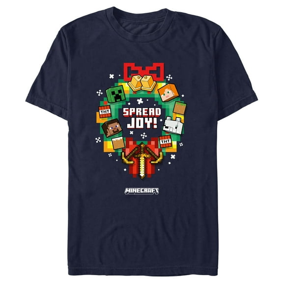 Men's Minecraft Spread Joy Wreath Graphic Tee Navy Blue Medium
