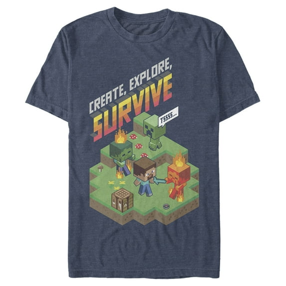 Men's Minecraft Steve Create Explore Survive Graphic Tee Navy Blue Heather Small