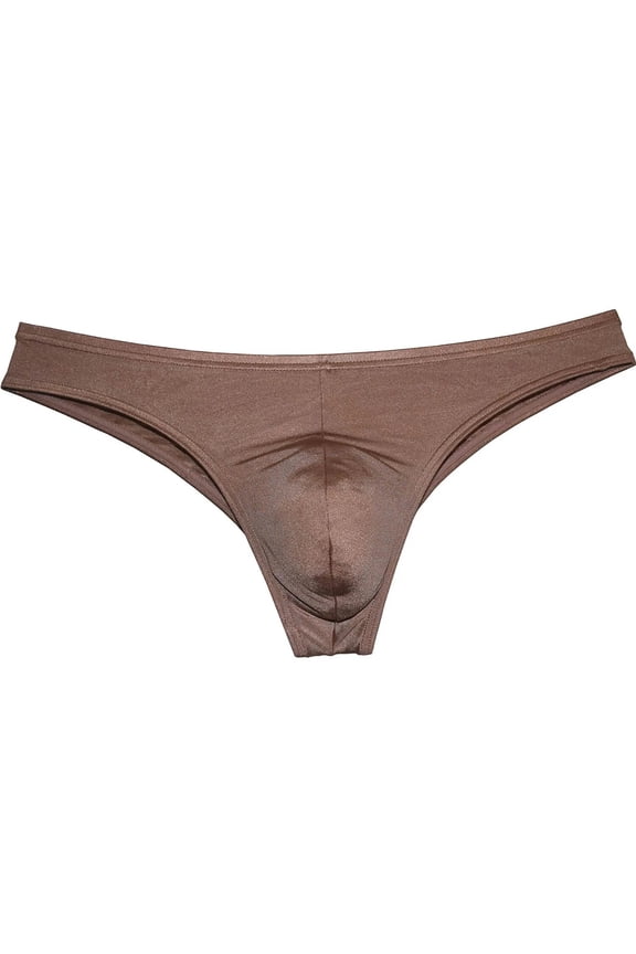 Men's Mini Briefs Shiny Spandex Underwear Lining Stretchy Sexy Micro Boxer Pouch Bikini Bodywear Light Brown-L
