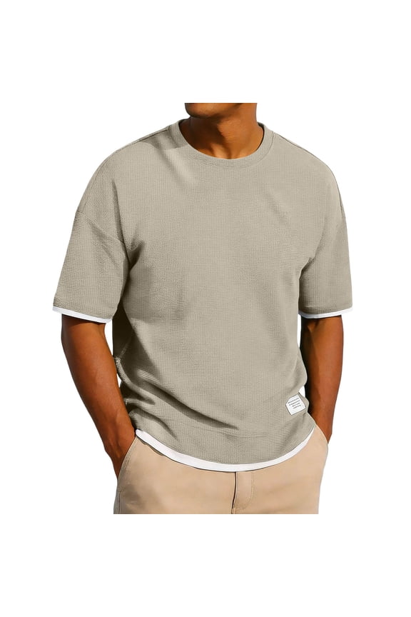 Men's Mini Waffle Knit Crew Neck T-Shirt Textured Cotton Tee Breathable Top Mens T Shirts Short Sleeve Lightweight