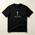 thumbnail image 1 of Men's Minimal Faith Graphic T‑Shirt, White Cross & JESUS Christian Print, Crew Neck Regular Fit Short Sleeve Tee, Breathable Casual Top for Church & Daily Wear, S‑5XL, 1 of 7