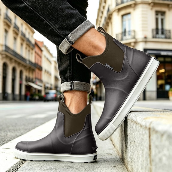 Men's Minimalist Chelsea Slip On Short Rain Boots Light Elastic Side Panel Full Waterproof Flat White Sole Muted Color Combinations for City Rainy Commutes Casual Street Outfits Brown 42