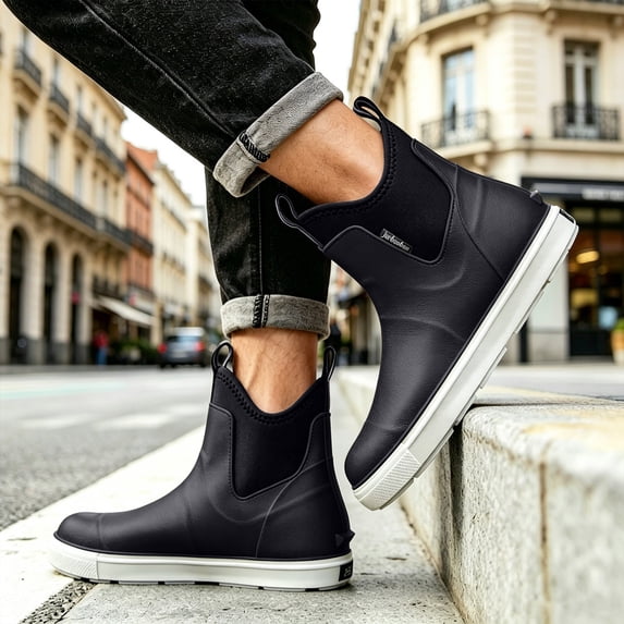 Men's Minimalist Chelsea Slip On Short Rain Boots Light Elastic Side Panel Full Waterproof Flat White Sole Muted Color Combinations for City Rainy Commutes Casual Street Outfits Black 44
