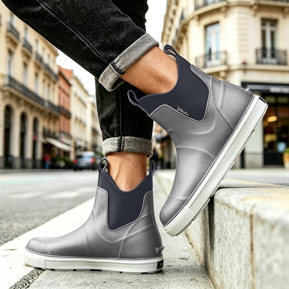 Men's Minimalist Chelsea Slip On Short Rain Boots Light Elastic Side Panel Full Waterproof Flat White Sole Muted Color Combinations for City Rainy Commutes Casual Street Outfits Gray 43