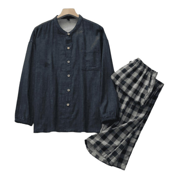 Men’s Minimalist Cotton Yarn Round Neck Long Sleeve & Pants AB Version Sleepwear Set – Spring, Summer, Autumn Thin Casual Loungewear