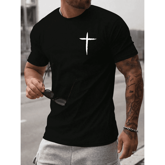 Men's Minimalist Cross T-Shirt - Subtle White Distressed Faith Cross Graphic Tee, 100% Cotton Black Crew Neck Casual Shirt