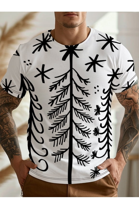 Men's Minimalist Style T-Shirt, Men's Minimalist T-Shirt - Digital Printed Casual Crew Neck Short Sleeve Shirt, Simple Tree Pattern Design, Machine Washable Holiday Daily Top