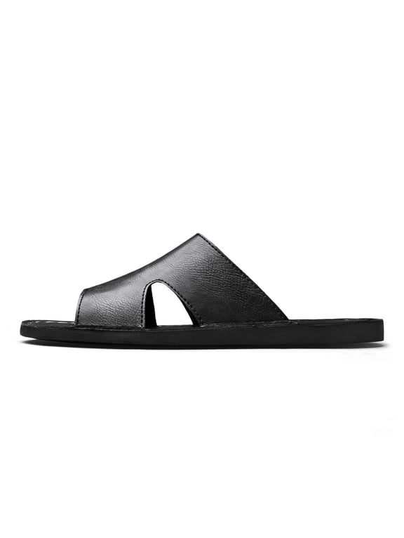 Men's Minimalist Toe-Ring Leather Slide Sandals, Casual Black Summer Slippers