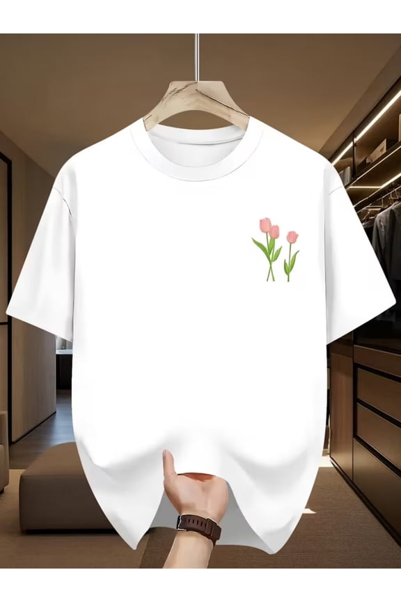 Men's Minimalist Tulip Pocket Print T-Shirt, Soft Pink Floral Graphic Tee, Casual White Short Sleeve Cotton Top