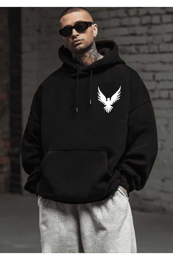 Men's Minimalist White Eagle Logo Hoodie - Oversized Black Streetwear Graphic Pullover