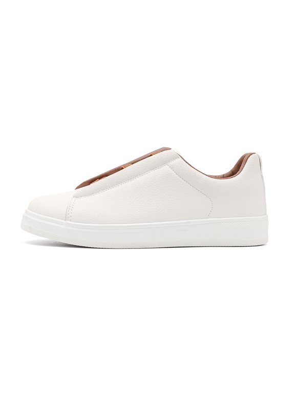 Men's Minimalist White Slip-On Sneakers with Tan Accents, Casual Laceless Shoes