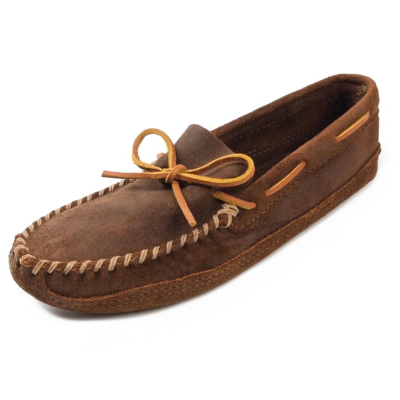 Minnetonka Men's Suede Moccasin Slippers, Double Bottom Soft Leather Sole Slip-on, Brown Ruff 6.5 M