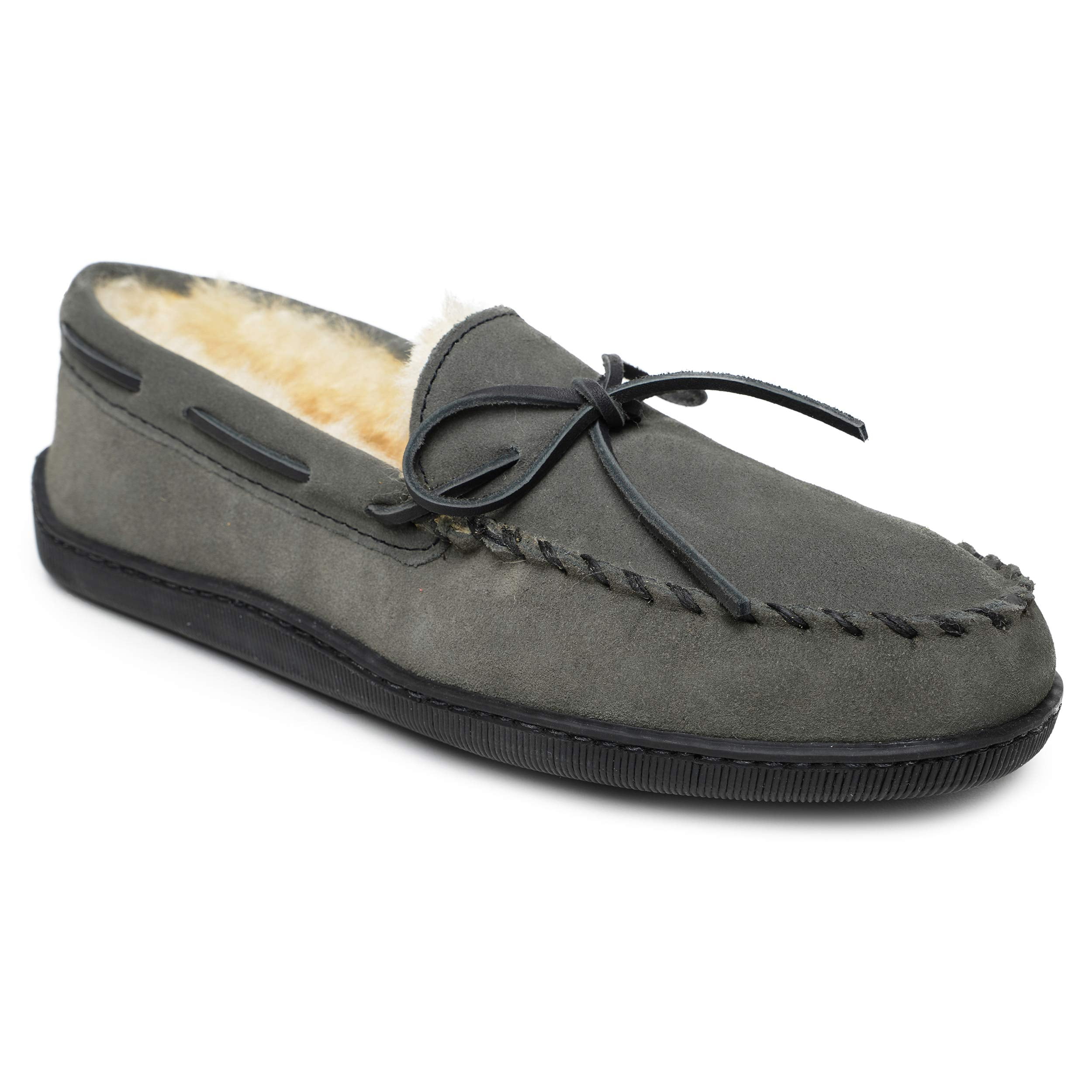 Men's Minnetonka Sheepskin Hardsole Moccasin Slipper Grey Suede