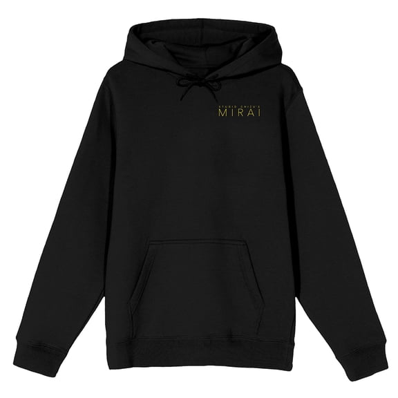 Mirai Mirai and Kun hands up looking up red Kanji text text logo in yellow on Black Adult Hoodie-3XL