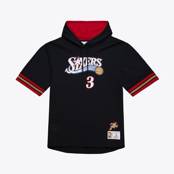 Men's Mitchell & Ness Allen Iverson Black Philadelphia 76ers Mesh Name & Number Short Sleeve Hoodie
