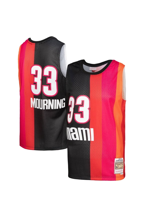 Men's Mitchell & Ness Alonzo Mourning Black/Red Miami Heat Hardwood Classics 2005/06 Split Swingman Jersey
