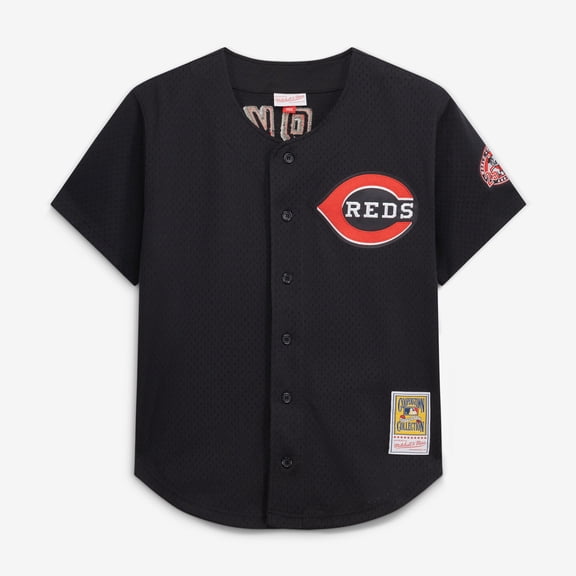 Men's Mitchell & Ness Barry Larkin Black Cincinnati Reds Cooperstown Collection Mesh Batting Practice Button-Up Jersey