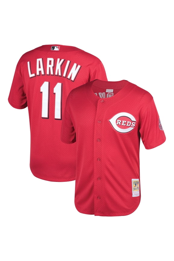 Men's Mitchell & Ness Barry Larkin Red Cincinnati Throwback Reds Cooperstown Mesh Batting Practice Jersey