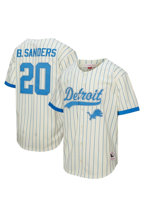 Men's Mitchell & Ness Barry Sanders Cream Detroit Lions Name & Number Mesh Button-Up Baseball Jersey