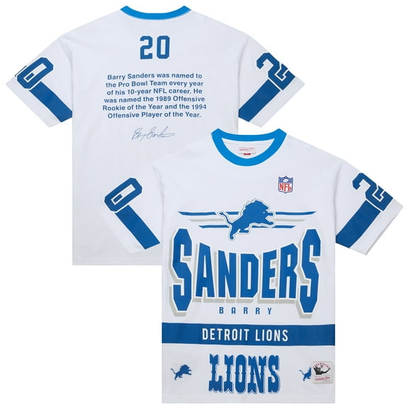 Men's-Mitchell & Ness Barry Sanders White Detroit Lions Name & Number Team Origins Vintage Logo T-Shirt