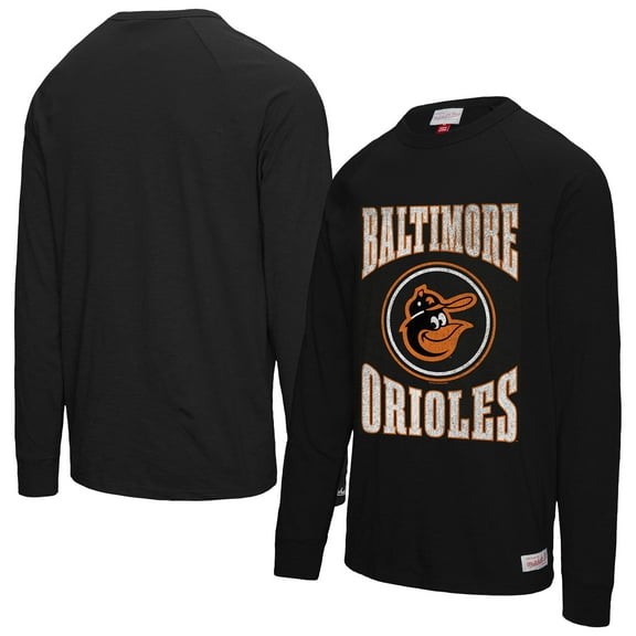 Men's Mitchell & Ness Black Baltimore Orioles Arched Logo Slub Long Sleeve T-Shirt
