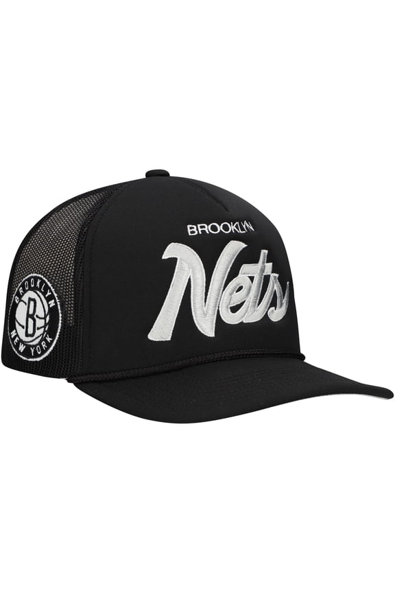 Men's Mitchell & Ness Black Brooklyn Nets Script Trucker Adjustable Hat