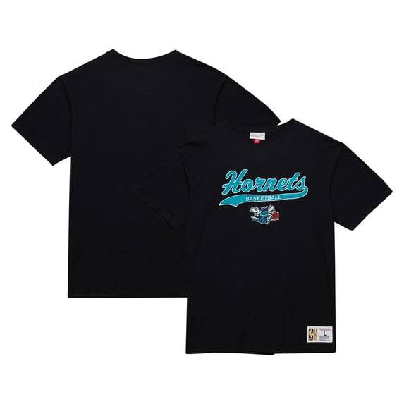 Men's Mitchell & Ness Black Charlotte Hornets Hardwood Classics Felt Applique Slub T-Shirt