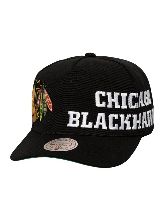 Men's Mitchell & Ness Black Chicago Blackhawks Busted Logo Wordmark Wrap Around Pro Pinch Adjustable Hat