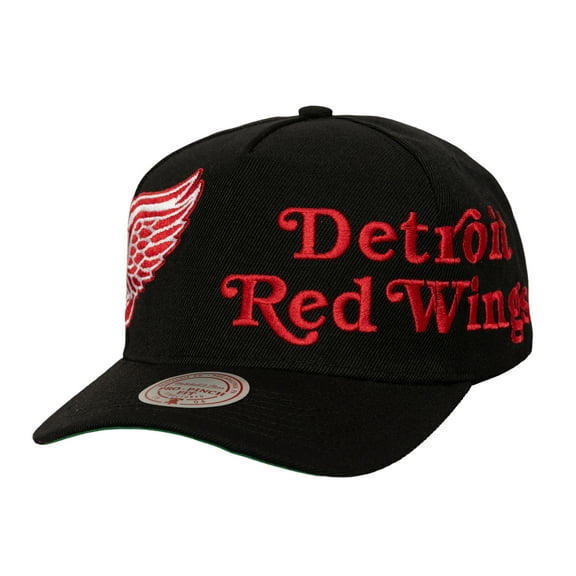 Men's Mitchell & Ness Black Detroit Red Wings Busted Logo Wordmark Wrap-Around Pro Pinch Adjustable Hat