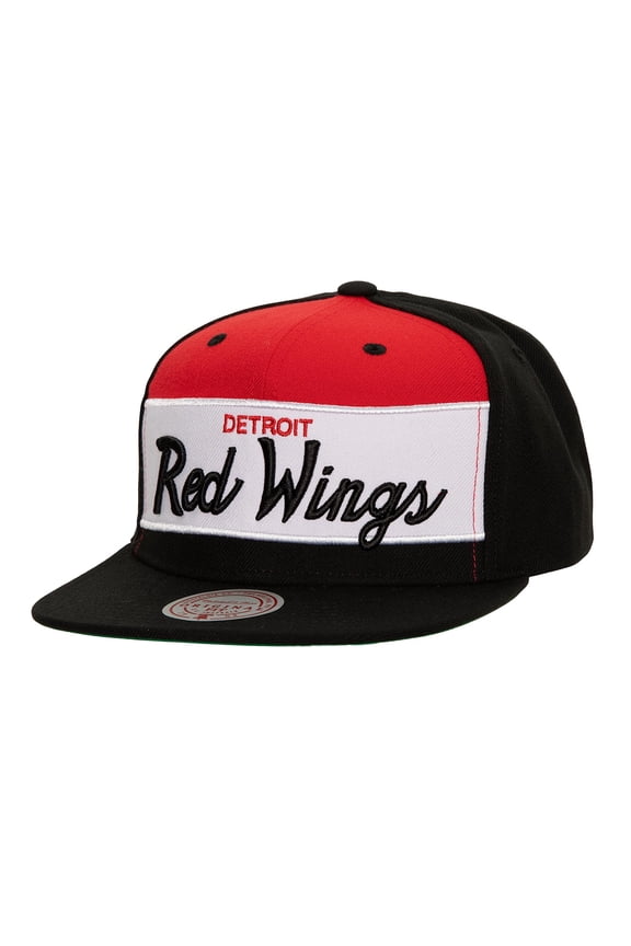Men's Mitchell & Ness Black Detroit Red Wings Retro Script Colorblock Snapback Hat