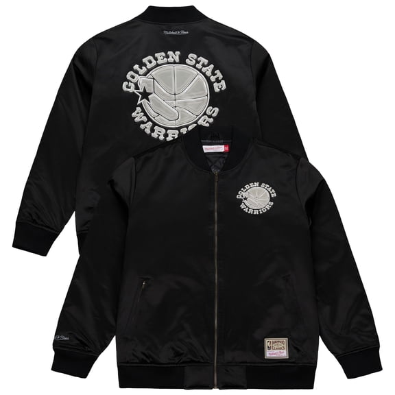 Men's Mitchell & Ness Black Golden State Warriors Chrome Satin Bomber Full-Zip Jacket