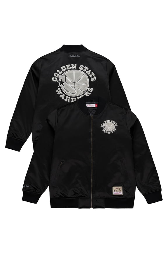 Men's Mitchell & Ness Black Golden State Warriors Chrome Satin Bomber Full-Zip Jacket