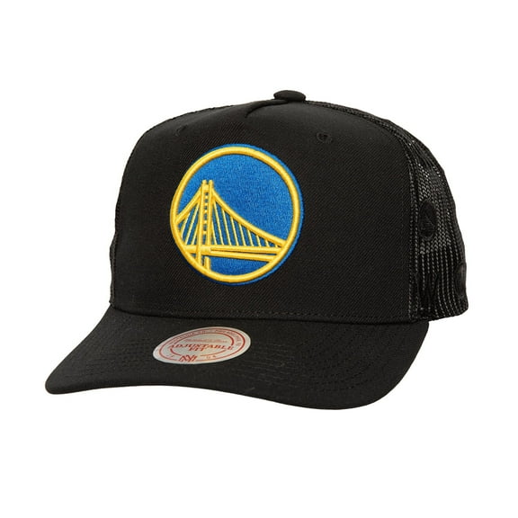 Men's Mitchell & Ness Black Golden State Warriors Monogram Allover Logo Mesh Trucker Adjustable Hat