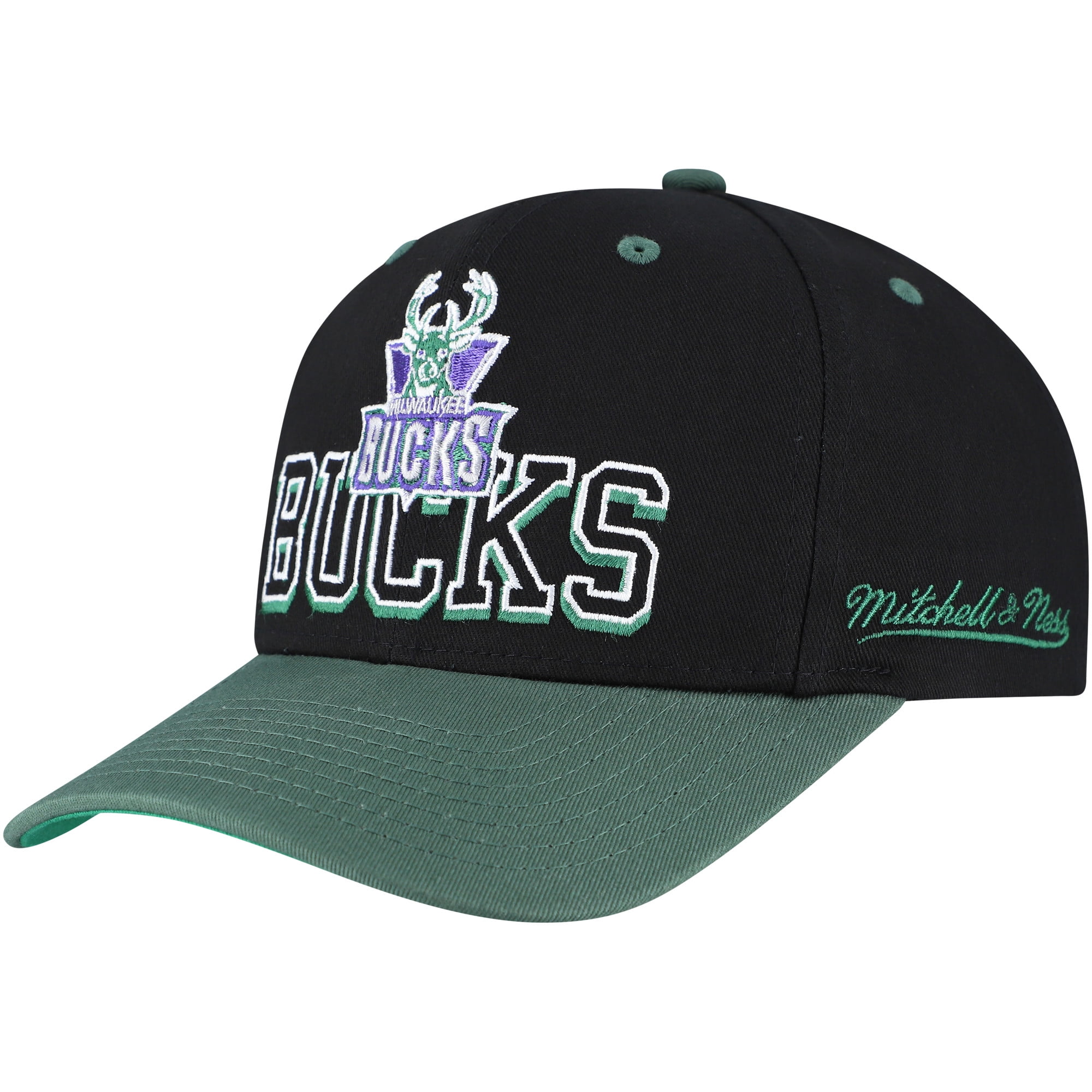 Men's Mitchell \u0026 Ness Black/Hunter Green Milwaukee Bucks Backside Script Two-Tone Pro Crown Adjustable Hat