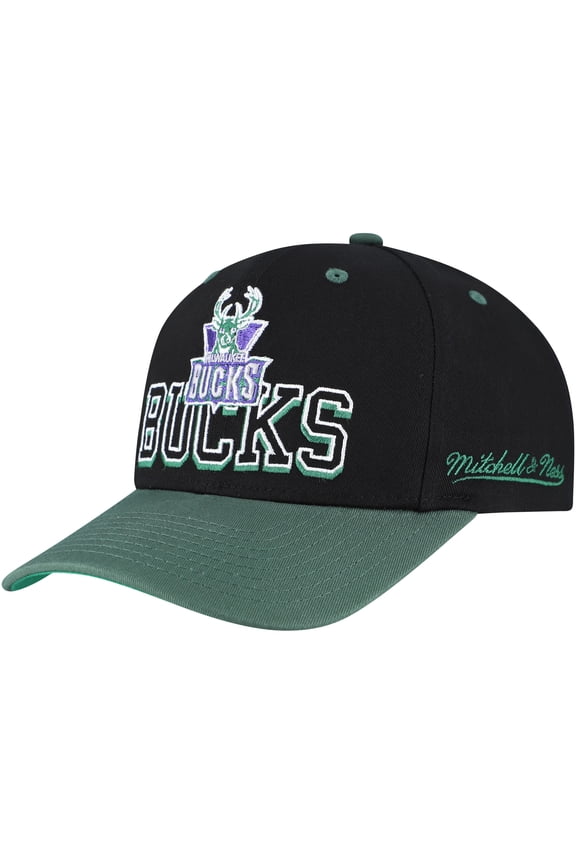 Men's Mitchell & Ness Black/Hunter Green Milwaukee Bucks Backside Script Two-Tone Pro Crown Adjustable Hat