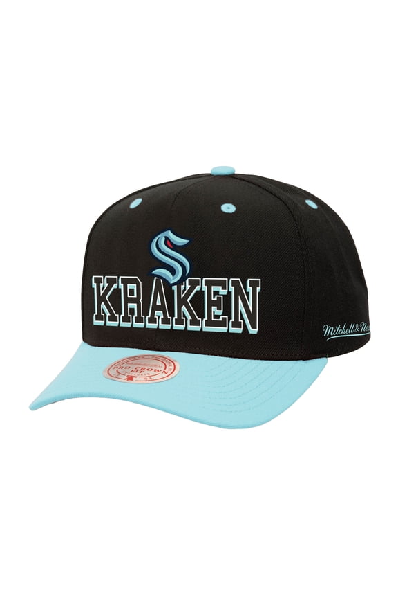 Men's Mitchell & Ness Black/Light Blue Seattle Kraken Backside Script Two-Tone Pro Crown Adjustable Hat