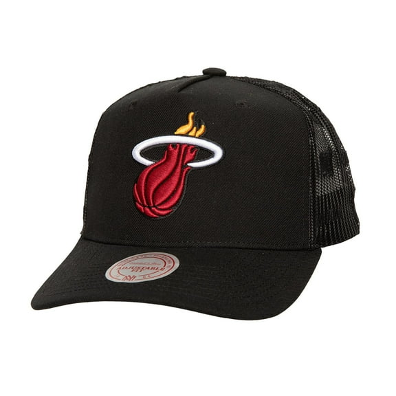 Men's Mitchell & Ness Black Miami Heat Monogram Allover Logo Mesh Trucker Adjustable Hat